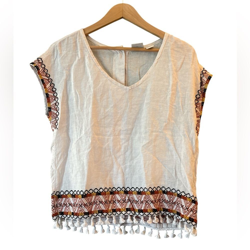 Rachel Zoe White Linen Embroidered Tassel Hem Blouse